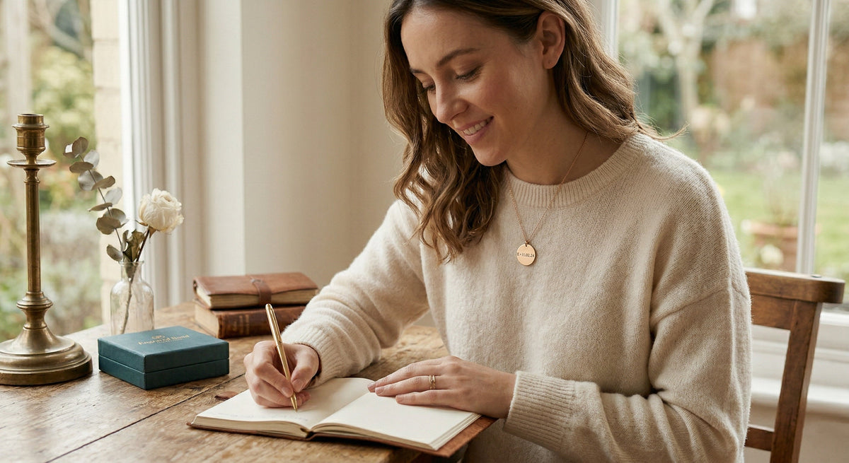 A smiling woman writing in a journal while wearing a personalized 18K gold disc necklace by Engraved Bond.