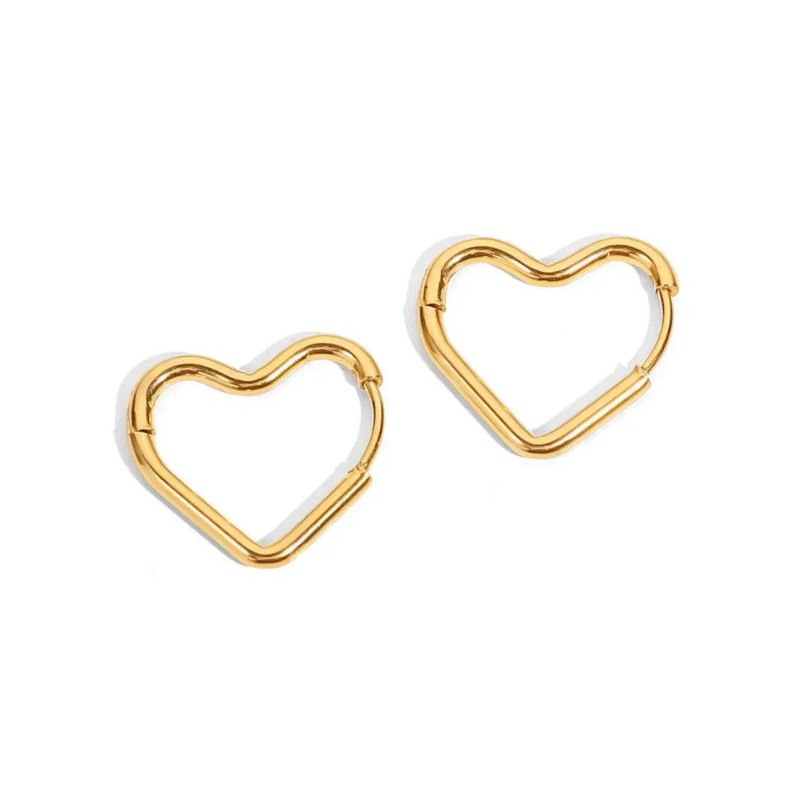 A pair of 14K gold plated minimalist heart hoop earrings with hinged closures, isolated on a white background.