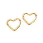 A pair of 14K gold plated minimalist heart hoop earrings with hinged closures, isolated on a white background.