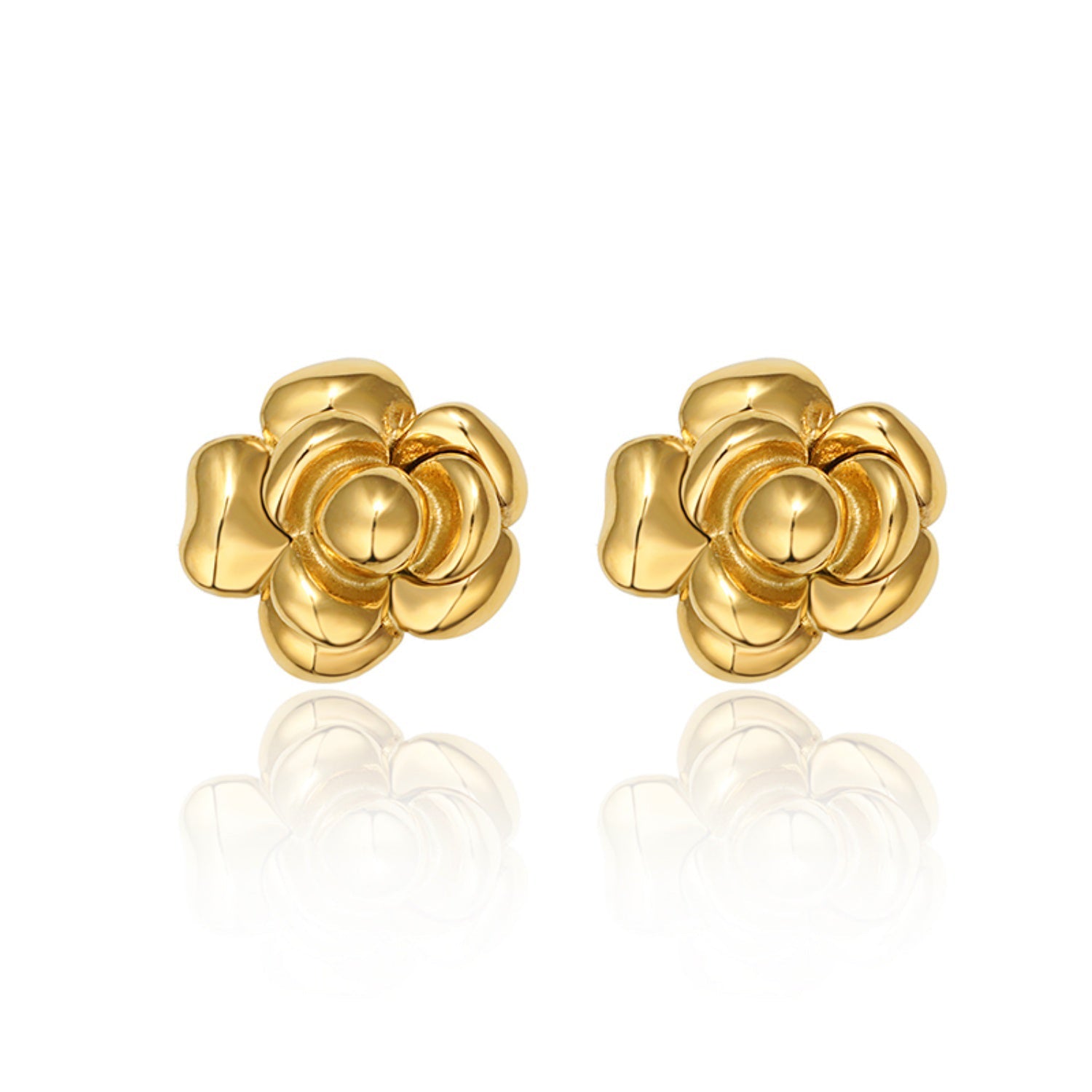 A pair of 14K gold plated stud earrings shaped like layered camellia flowers, isolated on a white background with a reflection.