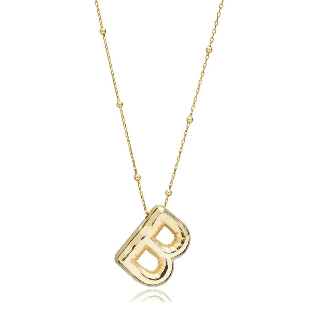 A shiny 18K gold plated 3D puff initial letter B pendant on a bean chain, isolated on a white background.