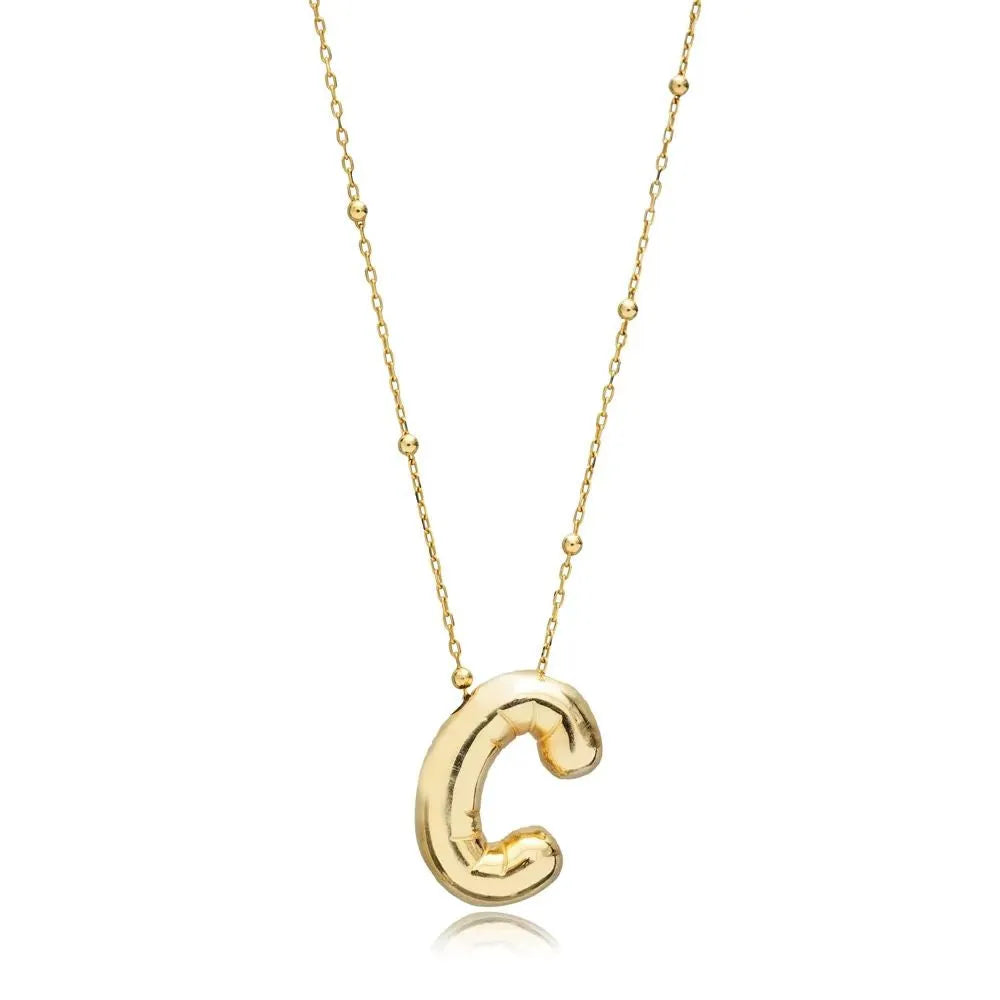 A shiny 18K gold plated 3D puff initial letter C pendant on a bean chain, isolated on a white background.