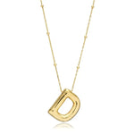 A shiny 18K gold plated 3D puff initial letter D pendant on a bean chain, isolated on a white background.