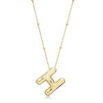 A shiny 18K gold plated 3D puff initial letter H pendant on a bean chain, isolated on a white background.