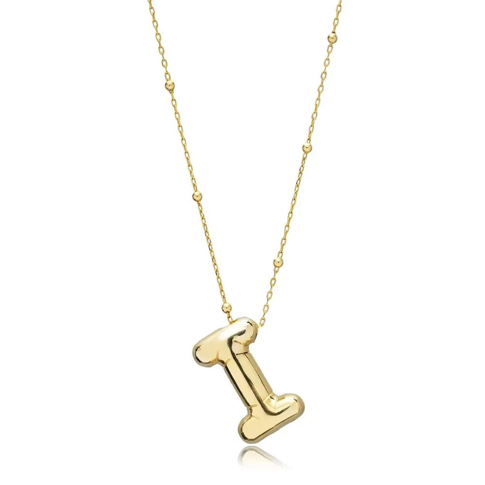 A shiny 18K gold plated 3D puff initial letter I pendant on a bean chain, isolated on a white background.
