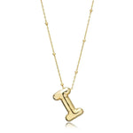 A shiny 18K gold plated 3D puff initial letter I pendant on a bean chain, isolated on a white background.