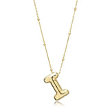 A shiny 18K gold plated 3D puff initial letter I pendant on a bean chain, isolated on a white background.