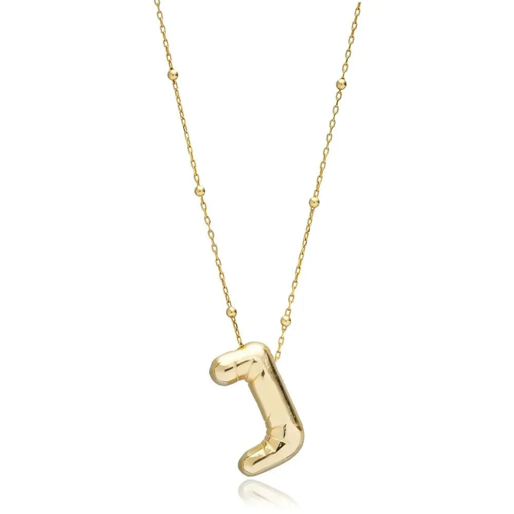 A shiny 18K gold plated 3D puff initial letter J pendant on a bean chain, isolated on a white background.