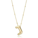 A shiny 18K gold plated 3D puff initial letter J pendant on a bean chain, isolated on a white background.