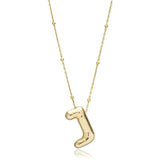 A shiny 18K gold plated 3D puff initial letter J pendant on a bean chain, isolated on a white background.