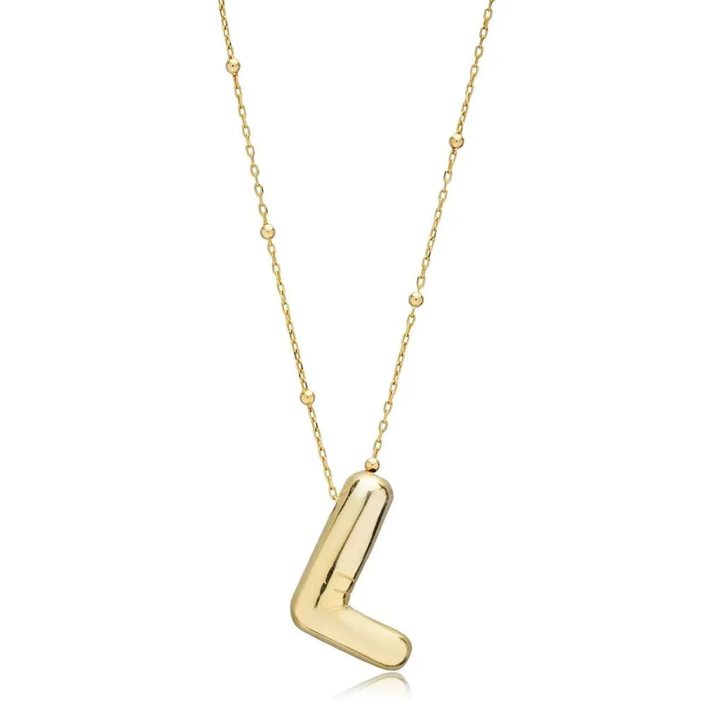 A shiny 18K gold plated 3D puff initial letter L pendant on a bean chain, isolated on a white background.