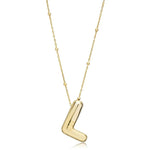 A shiny 18K gold plated 3D puff initial letter L pendant on a bean chain, isolated on a white background.