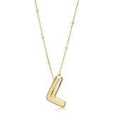 A shiny 18K gold plated 3D puff initial letter L pendant on a bean chain, isolated on a white background.