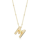 A shiny 18K gold plated 3D puff initial letter M pendant on a bean chain, isolated on a white background.