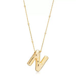 A shiny 18K gold plated 3D puff initial letter N pendant on a bean chain, isolated on a white background.
