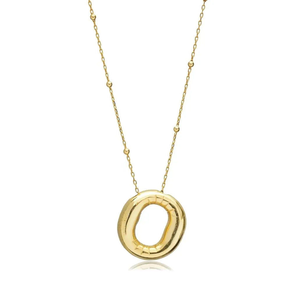 A shiny 18K gold plated 3D puff initial letter O pendant on a bean chain, isolated on a white background.