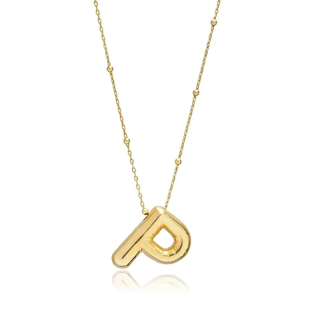 A shiny 18K gold plated 3D puff initial letter P pendant on a bean chain, isolated on a white background.