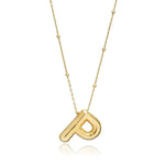 A shiny 18K gold plated 3D puff initial letter P pendant on a bean chain, isolated on a white background.