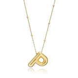 A shiny 18K gold plated 3D puff initial letter P pendant on a bean chain, isolated on a white background.