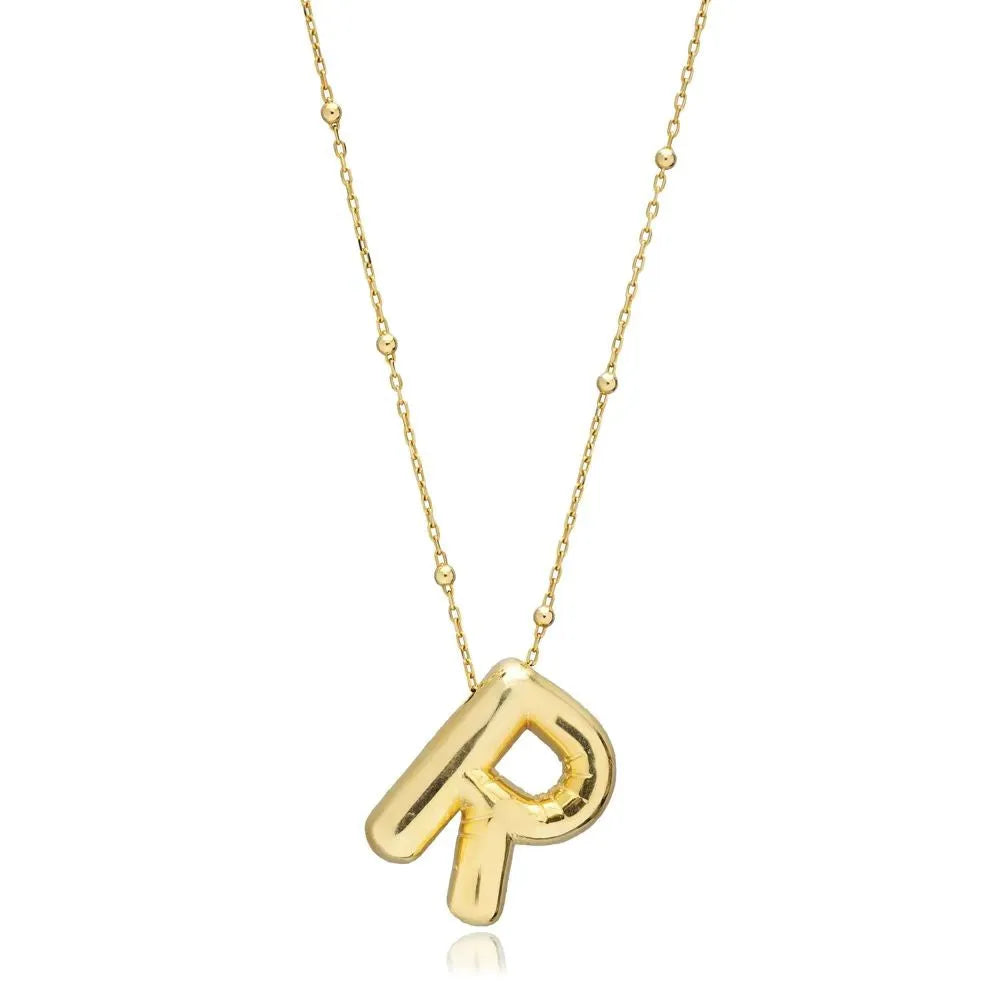 A shiny 18K gold plated 3D puff initial letter R pendant on a bean chain, isolated on a white background.