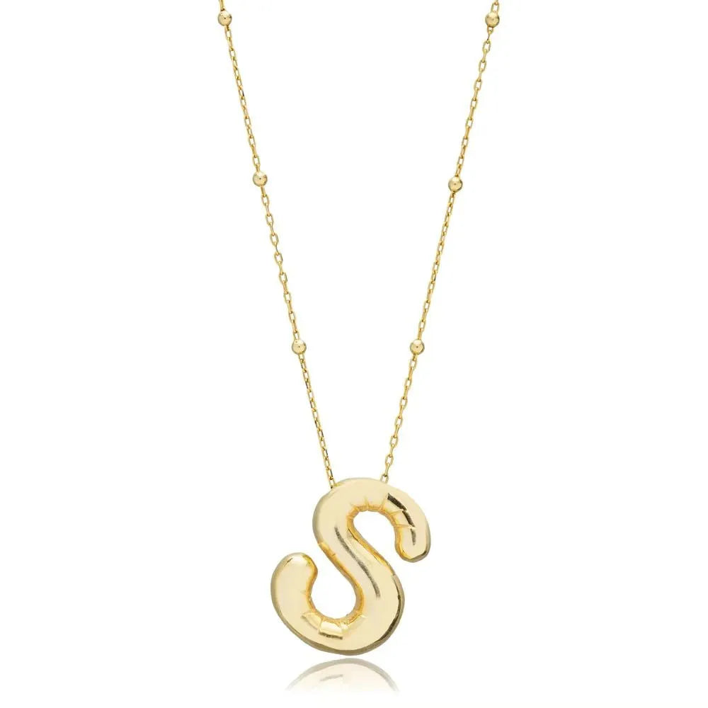 A shiny 18K gold plated 3D puff initial letter S pendant on a bean chain, isolated on a white background.