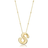 A shiny 18K gold plated 3D puff initial letter S pendant on a bean chain, isolated on a white background.