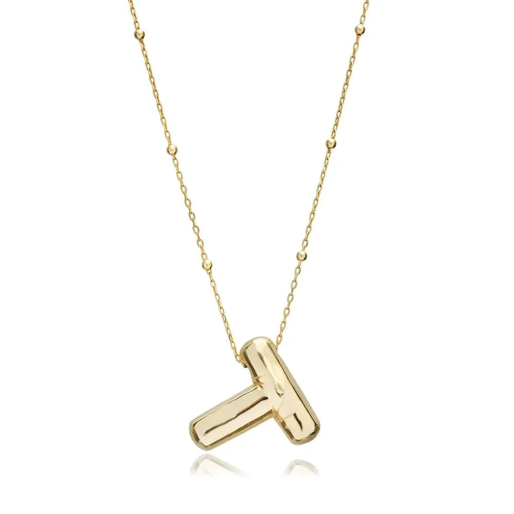 A shiny 18K gold plated 3D puff initial letter T pendant on a bean chain, isolated on a white background.