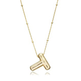 A shiny 18K gold plated 3D puff initial letter T pendant on a bean chain, isolated on a white background.