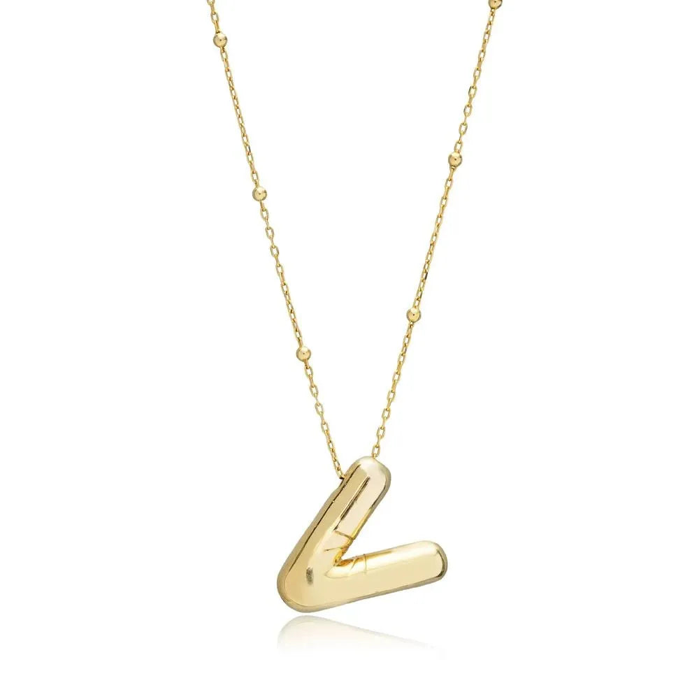 A shiny 18K gold plated 3D puff initial letter V pendant on a bean chain, isolated on a white background.