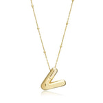 A shiny 18K gold plated 3D puff initial letter V pendant on a bean chain, isolated on a white background.