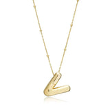A shiny 18K gold plated 3D puff initial letter V pendant on a bean chain, isolated on a white background.