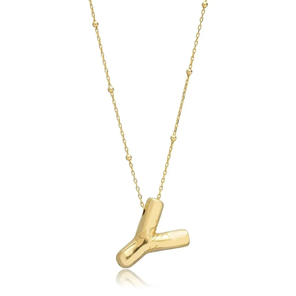 A shiny 18K gold plated 3D puff initial letter Y pendant on a bean chain, isolated on a white background.