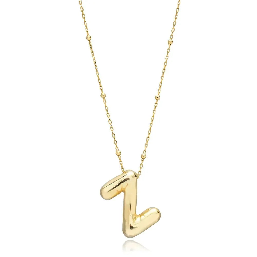 A shiny 18K gold plated 3D puff initial letter Z pendant on a bean chain, isolated on a white background.