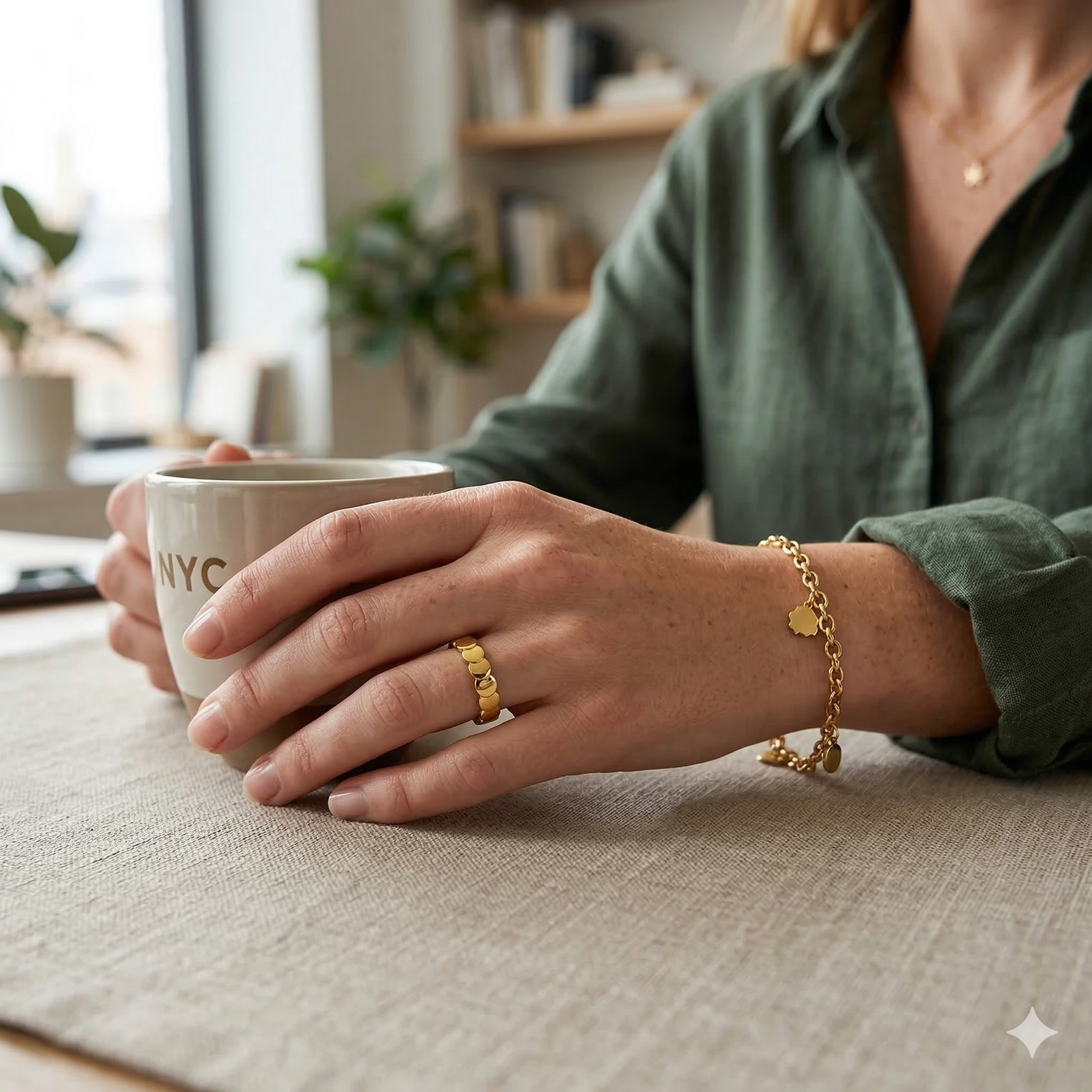 Lifestyle shot of a woman holding a coffee mug, showcasing an 18k gold dainty coin band paired with a matching gold bracelet.