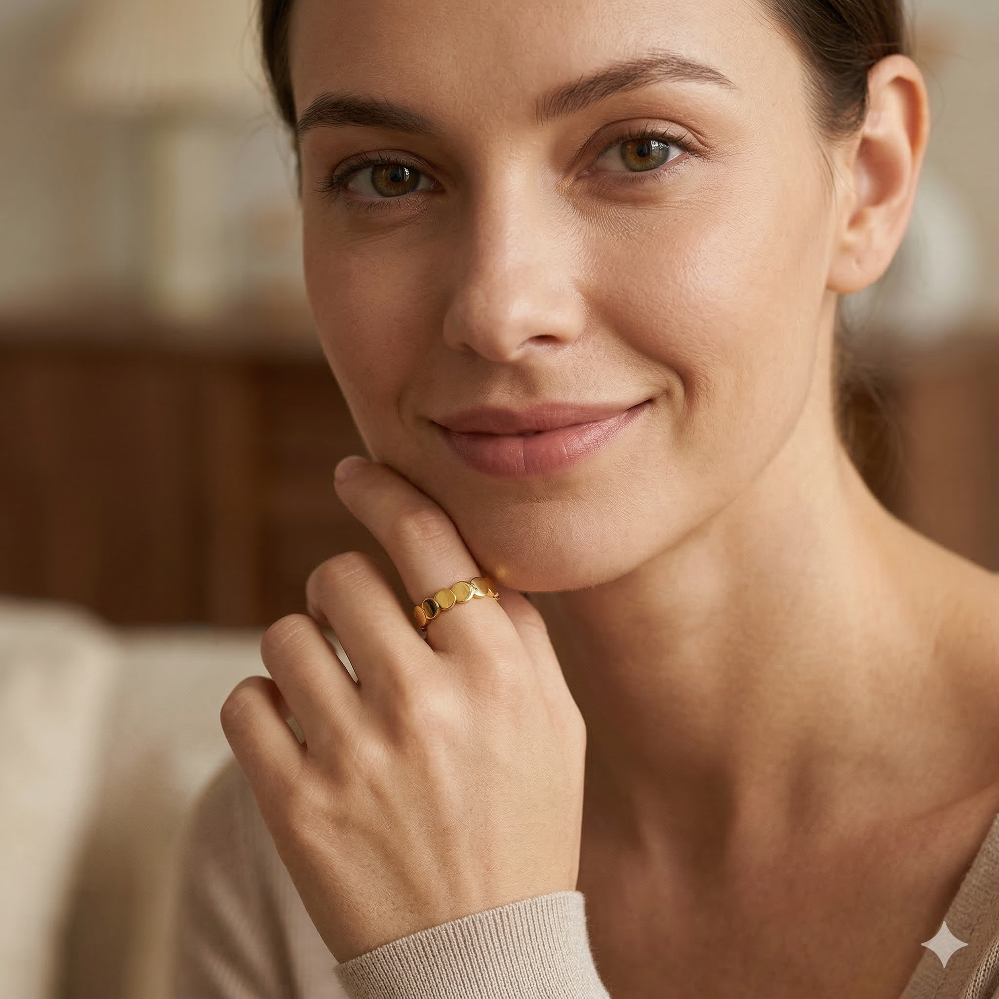 Close-up of a smiling woman resting her hand on her chin, wearing an elegant 18k gold overlapping disc stacking ring.