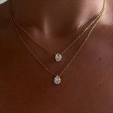 Close-up of a woman wearing an 18k gold plated layered necklace set featuring diamond-like oval and teardrop solitaire pendants.