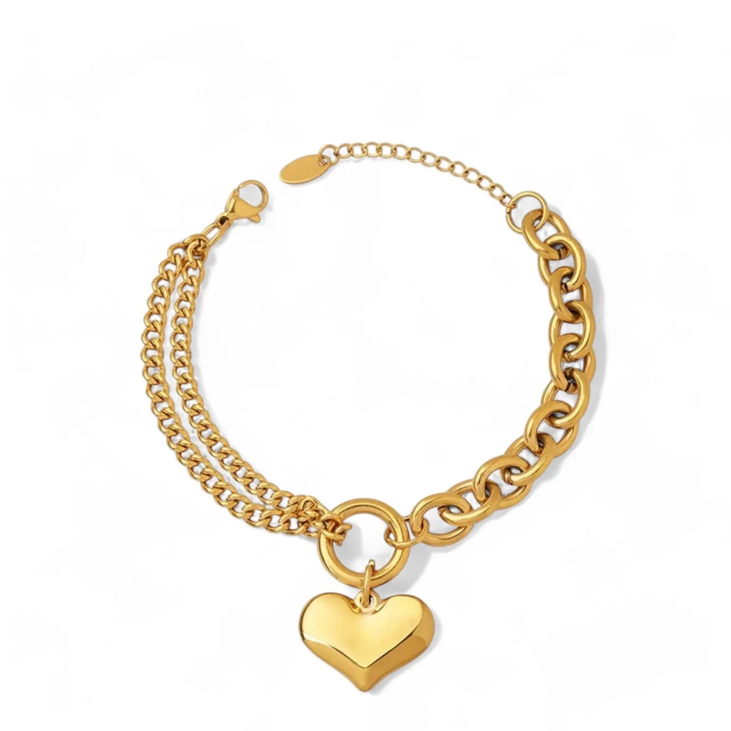 An 18K gold plated bracelet laid flat against a white background, displaying a lobster clasp, an asymmetric design with a chunky link chain and a delicate double chain, connecting at an O-ring with a 3D puffy heart charm.