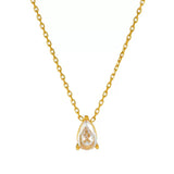 Flat lay of a single 18k gold plated dainty chain necklace featuring a solitary, delicate pear (teardrop) cut simulated gemstone pendant.
