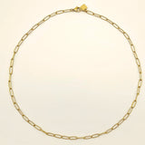 Flat lay of the complete 18K gold plated paperclip chain necklace showing its elongated links and lobster clasp on a white background.