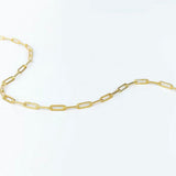 Flat lay of the complete 18K gold plated paperclip chain necklace showing its elongated links and lobster clasp on a white background.