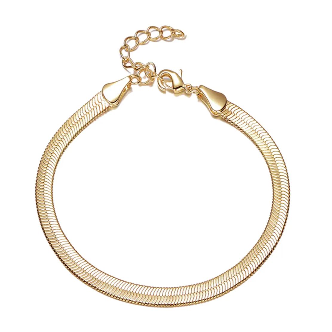 Isolated product image of a classic 18K gold-plated flat herringbone bracelet on a white background.