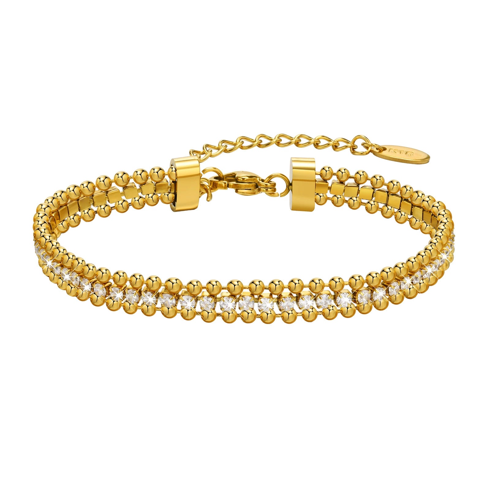 A delicate 18K gold plated triple-row bracelet showing outer beaded chains and an inner CZ tennis chain, complete with a lobster clasp and extender, isolated on a white background.