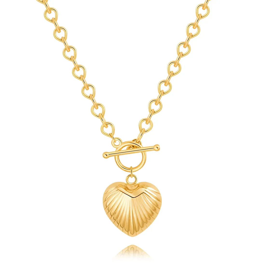 A shiny 18K gold ribbed puffy heart pendant on a chunky cable chain with a front toggle clasp, isolated on a white background.