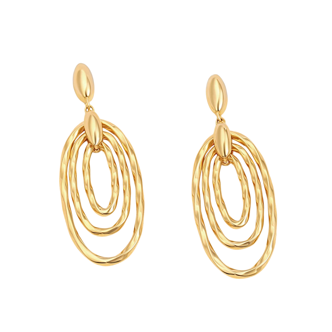 A pair of 18K gold plated statement drop earrings featuring concentric twisted ovals, glowing elegantly against a solid black background.
