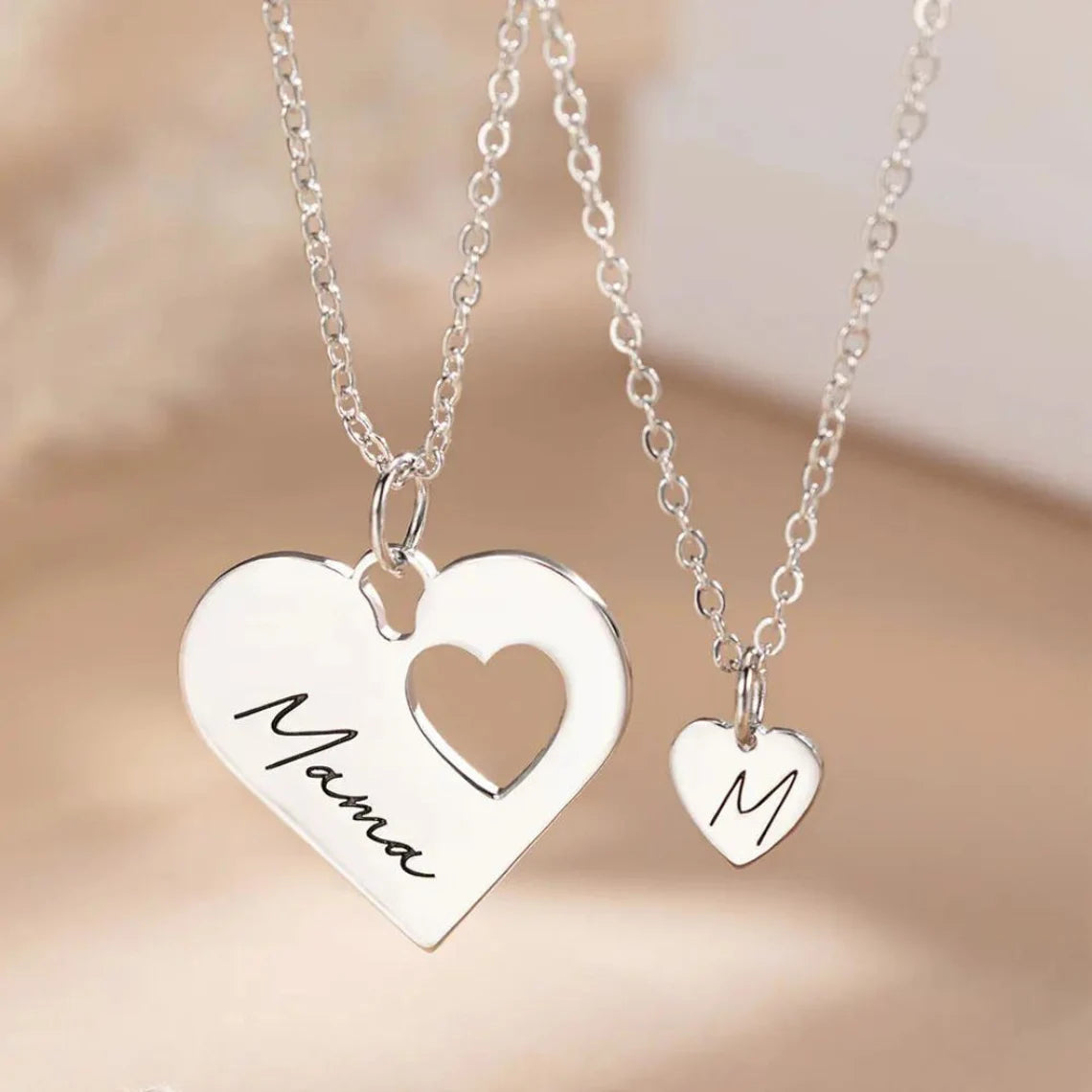 Mommy & Me Heart Customized Name Set of 2 Necklace