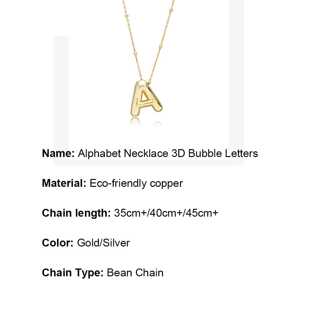 Product specifications for the 3D bubble letter alphabet necklace, detailing the gold and silver color options, chain lengths, and the unique bean chain design.