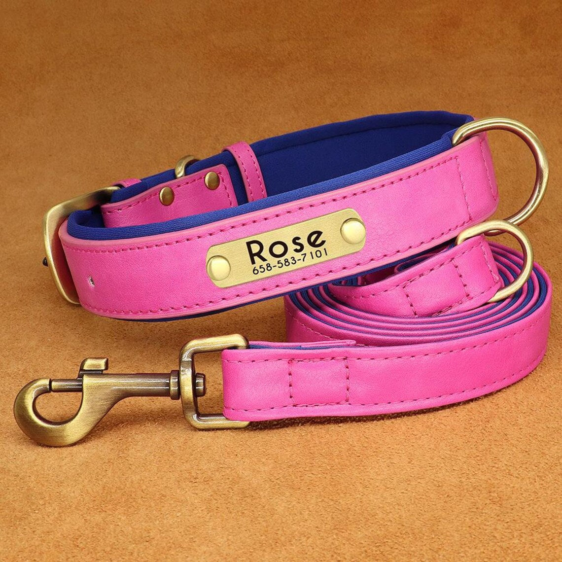 Personalized PU Leather Dog ID Collar & Leash Set