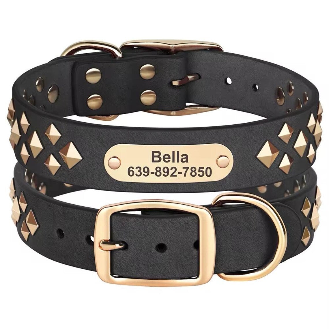 Personalized Genuine Leather Engraved Dog ID Studded Collar