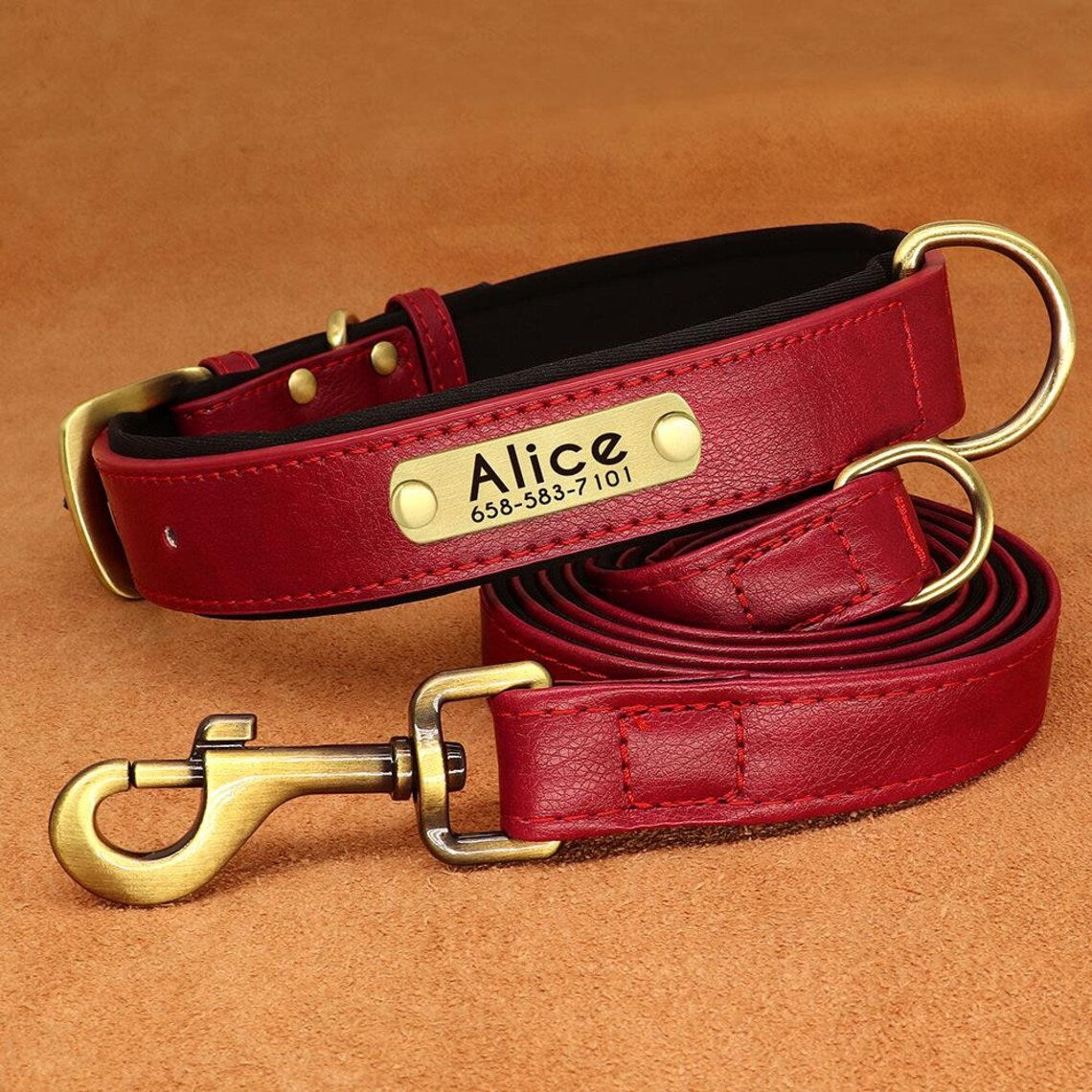 Personalized PU Leather Dog ID Collar & Leash Set