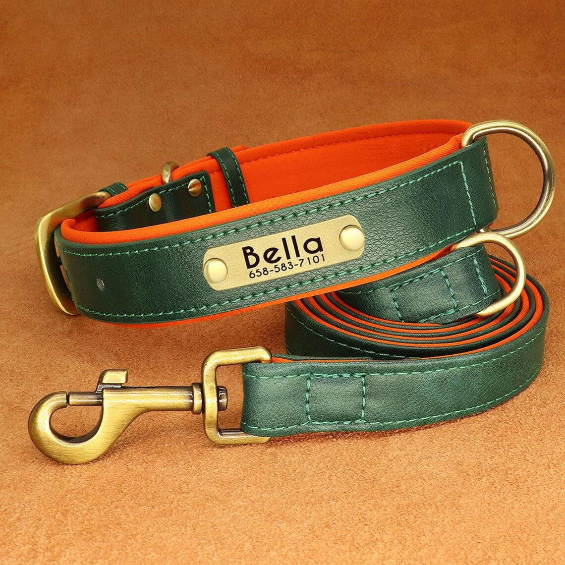 Personalized PU Leather Dog ID Collar & Leash Set